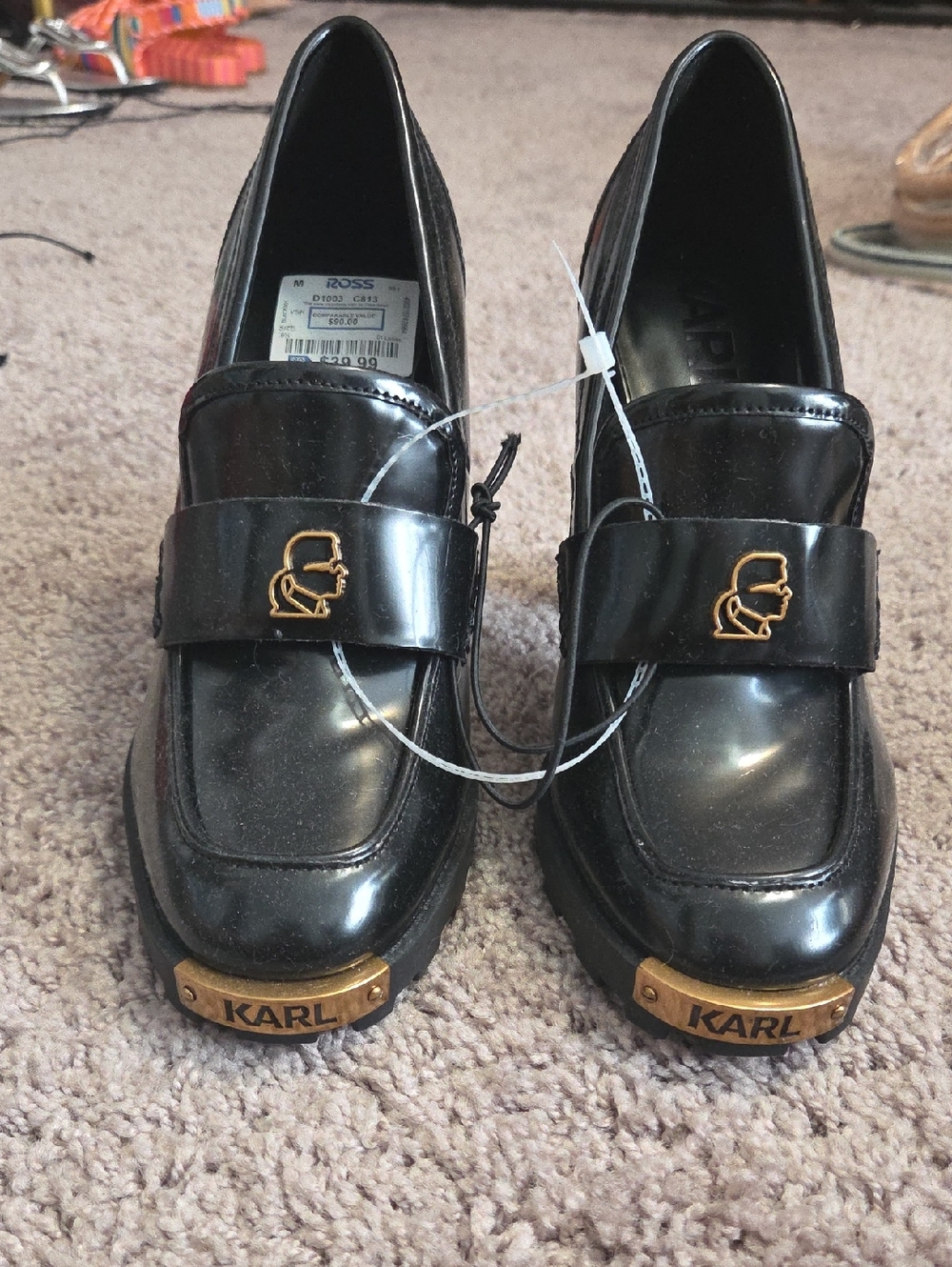 Karl Lagerfeld Black Patent Loafers with Gold Accents